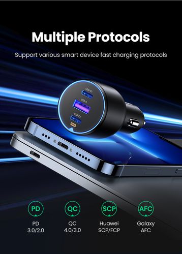 Automobilinis įkroviklis 130W 12-24V USB-A + 2xUSB-C QC3.0 PD3.0, pilkas UGREEN/90413