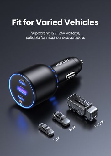 Automobilinis įkroviklis 130W 12-24V USB-A + 2xUSB-C QC3.0 PD3.0, pilkas UGREEN/90413