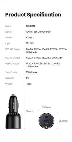 Automobilinis įkroviklis 130W 12-24V USB-A + 2xUSB-C QC3.0 PD3.0, pilkas UGREEN/90413