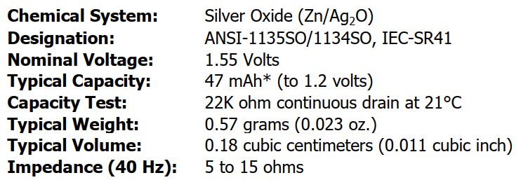 Silver Oxide Battery 392/384 (SR41,LR41, AG3, L736, V3GA) 1.5V 47mAh ENERGIZER SR41/ENE 7638900083095