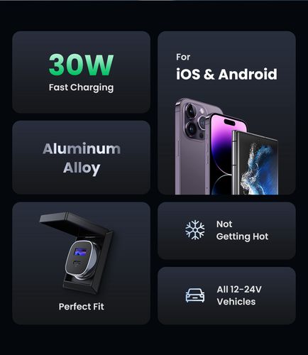 Car Quick Charger 30W 12-24V USB + USB-C QC3.0 PD3.0 PPS, Gray UGREEN/40858 6957303848584