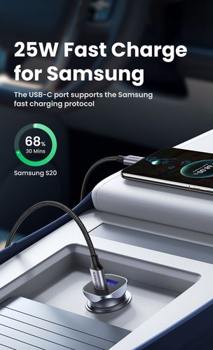 Car Quick Charger 30W 12-24V USB + USB-C QC3.0 PD3.0 PPS, Gray UGREEN/40858 6957303848584