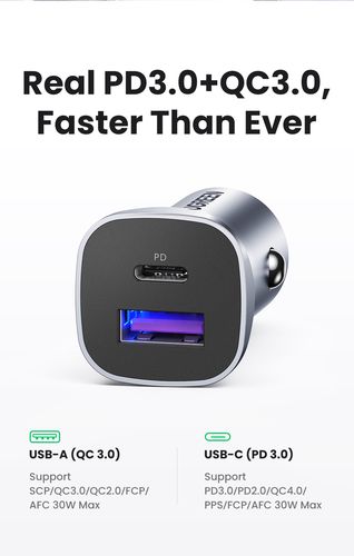 Car Quick Charger 30W 12-24V USB + USB-C QC3.0 PD3.0 PPS, Gray UGREEN/40858 6957303848584