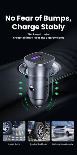 Car Quick Charger 30W 12-24V USB + USB-C QC3.0 PD3.0 PPS, Gray UGREEN/40858 6957303848584