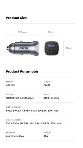 Car Quick Charger 30W 12-24V USB + USB-C QC3.0 PD3.0 PPS, Gray UGREEN/40858 6957303848584