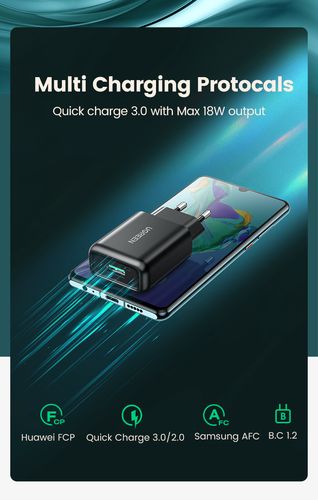 Sieninis įkroviklis 18W USB-A QC3.0, juodas UGREEN/70273 6957303872732