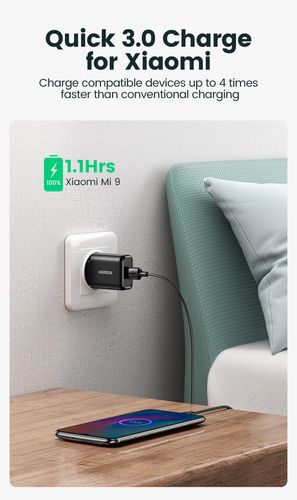 Sieninis įkroviklis 18W USB-A QC3.0, juodas UGREEN/70273 6957303872732