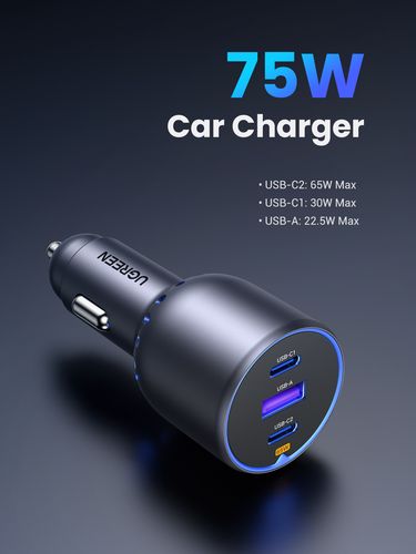 Automobilinis įkroviklis 75W 12-24V USB-A + 2xUSB-C QC3.0 PD3.0, pilkas UGREEN/35024 6941876230242