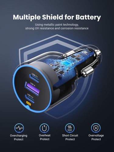 Automobilinis įkroviklis 75W 12-24V USB-A + 2xUSB-C QC3.0 PD3.0, pilkas UGREEN/35024 6941876230242