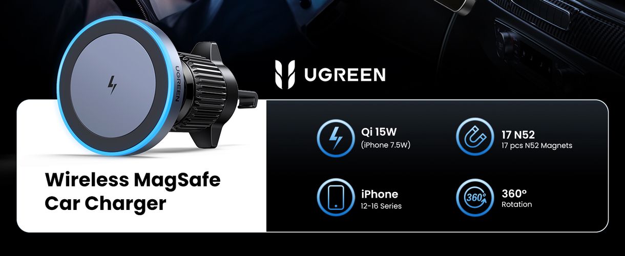 Automobilinis magnetinis laikiklis su belaidžiu Qi įkrovimu 15W, pilkas UGREEN/35029 6941876230297