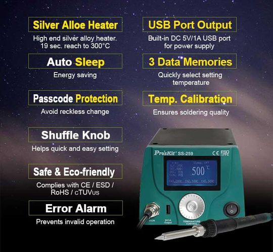 LCD išmani litavimo stotelė 90W, ESD, Pro'sKit SS-259B 4711552159653