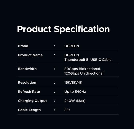 Kabelis USB C  - USB C USB4, Thunderbolt™ 5 240W 1m 40Gbps 16K@60Hz L703 UGREEN UGREEN/45996 6941876249961