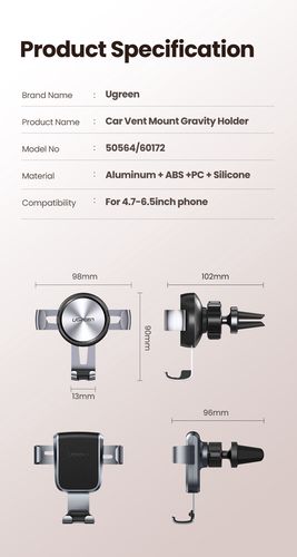 Automobilinis laikiklis 4.7-7" ekranų telefonams, pilkas UGREEN/50564 6957303855643