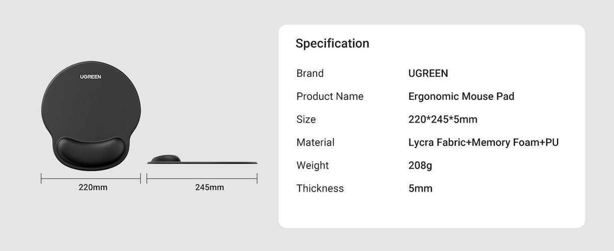 Ergonomic Mouse Pad with Wrist Rest, Black UGREEN/25245 6941876222452