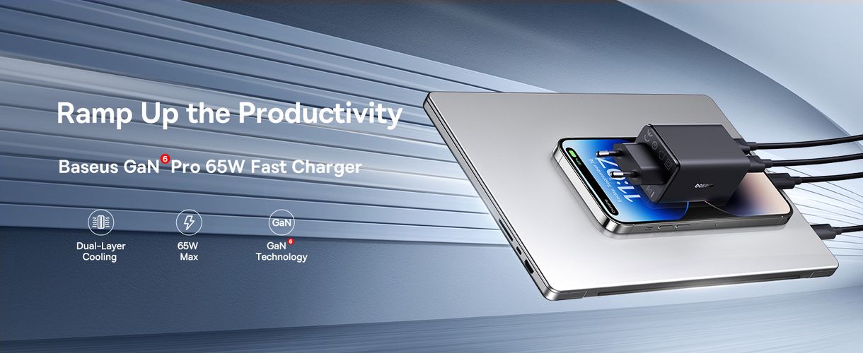 Wall Fast Charger GaN6 Pro 65W 2xUSB-A + 2xUSB-C QC PD with USB-C Cable 1m, Black P10162701113-00 6932172644444