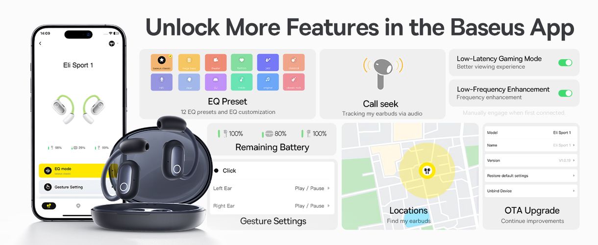 Belaidės Bluetooth 5.3 ausinės Eli Sport 1 su įkrovimo dėklu, juodos A00064400121-00 6932172648275