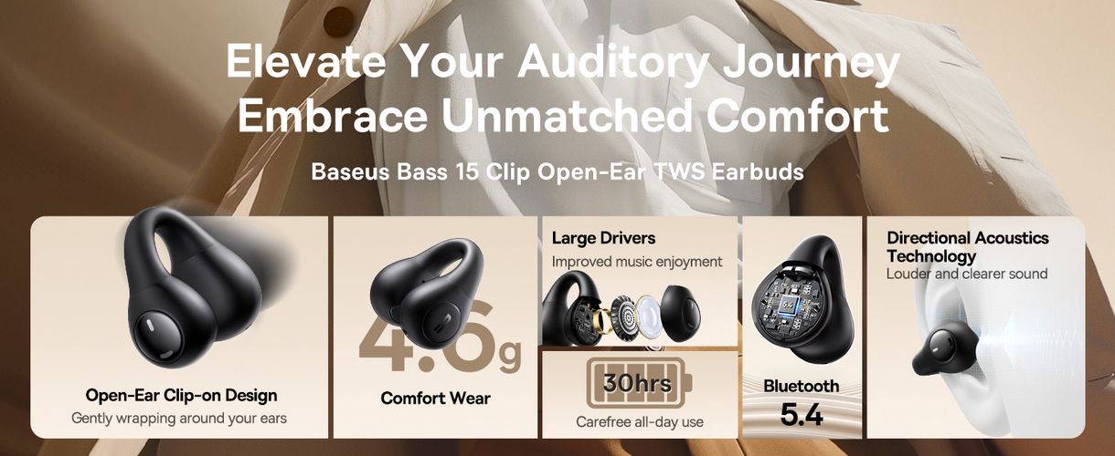 Открытые беспроводные наушники True Wireless Bluetooth 5.4 Earphones Bass 15 Clip с зарядным кейсом, черный A00079500113-00 6932172674335