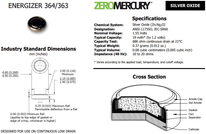 Батарейка с оксидом серебра 364/363 (SR60, V364, SR621SW) 19mAh 1.55V Energizer 364/ENE 7638900107753