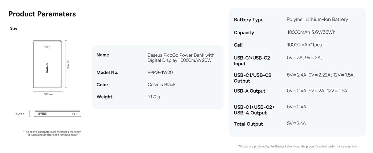 LiPo Powerbank 10000mAh 20W USB + 2xUSB-C PicoGo cosmic black BASEUS P10076801123-00 6932172670856
