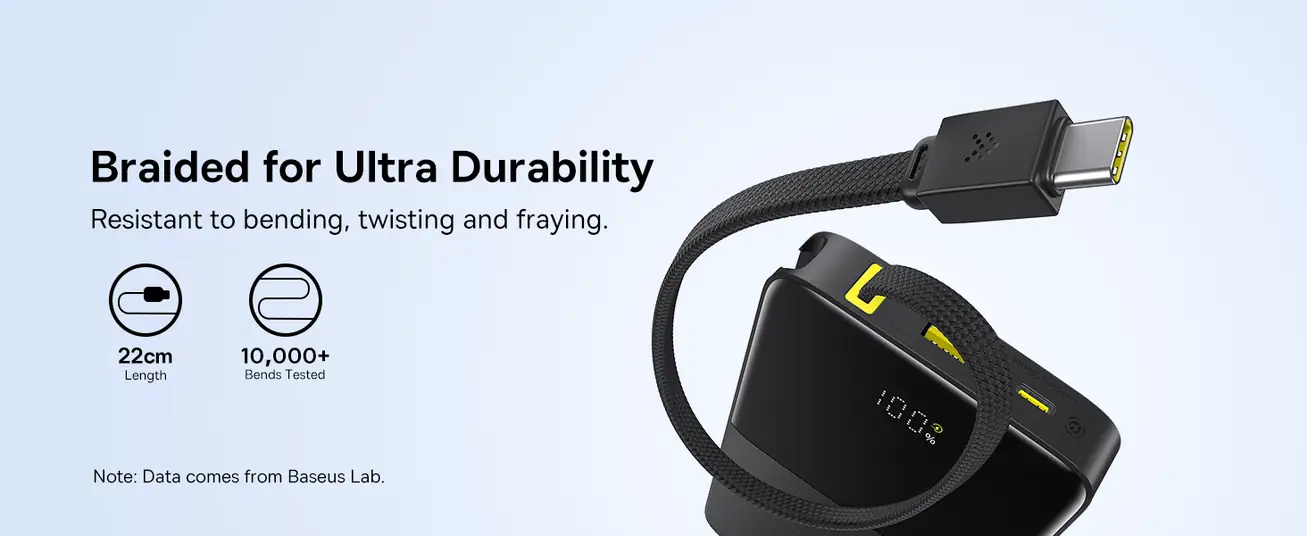 LiPo išorinis akumuliatorius (PowerBank) 10000mAh 22.5W USB + USB-C su integruotu USB-C kabeliu EnerFill Bipow2 juodas BASEUS E0027600 6932172691875