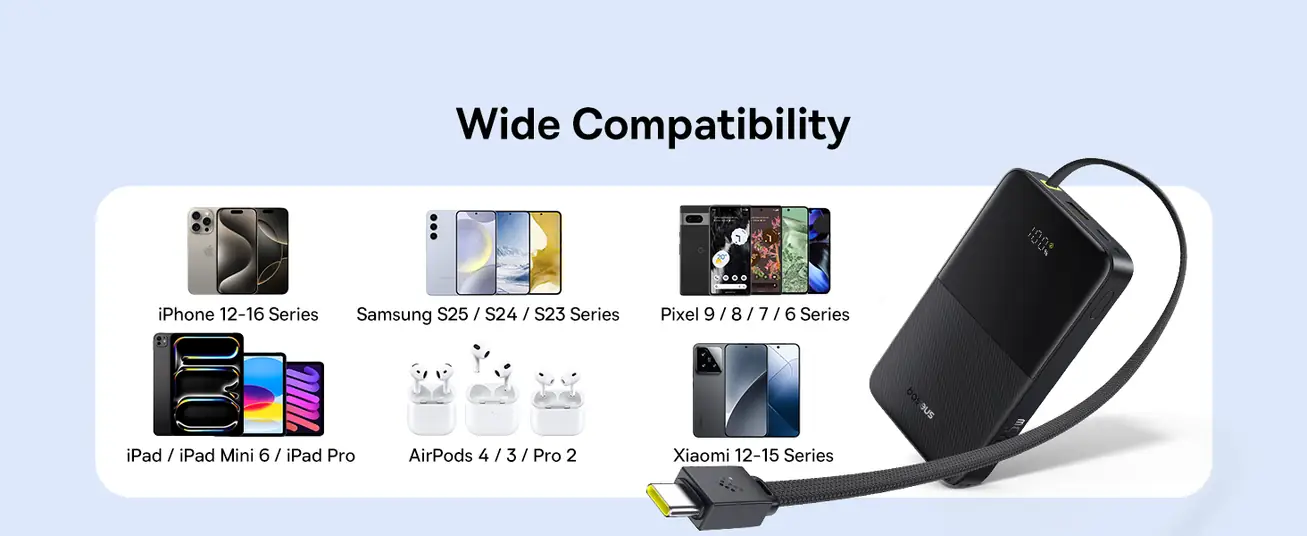 LiPo išorinis akumuliatorius (PowerBank) 10000mAh 22.5W USB + USB-C su integruotu USB-C kabeliu EnerFill Bipow2 juodas BASEUS E0027600 6932172691875