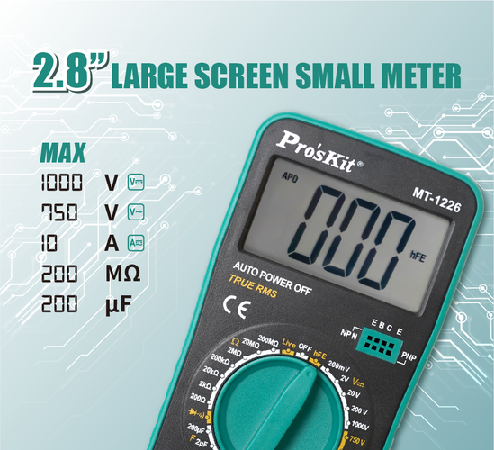 Skaitmeninis multimetras, TRMS, 1000/750 V AC/DC, 10A, 200MOm, 200uF, su diodų, tranzistorių, grandinės testavimo funkcijomis, Pro'sKit MT-1226 4711552168556