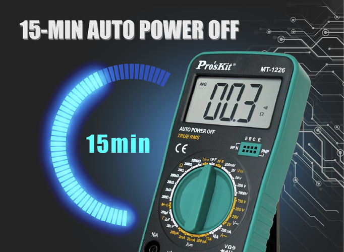 Skaitmeninis multimetras, TRMS, 1000/750 V AC/DC, 10A, 200MOm, 200uF, su diodų, tranzistorių, grandinės testavimo funkcijomis, Pro'sKit MT-1226 4711552168556