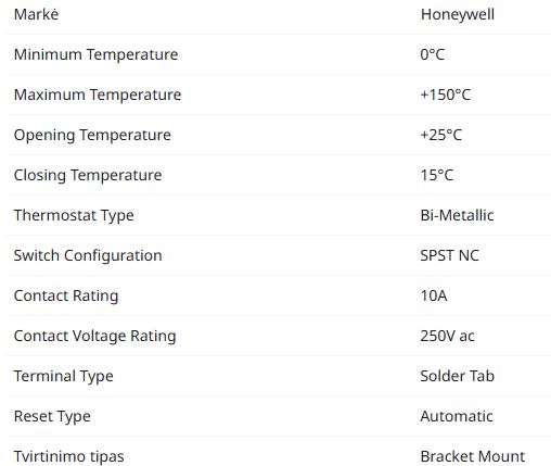 Honeywelli bimetalltermostaat, avaneb +25°C juures, sulgub 15°C juures, +150°C max, SPST NC, automaatne lähtestamine, klambriga kinnitatav. 228-2563