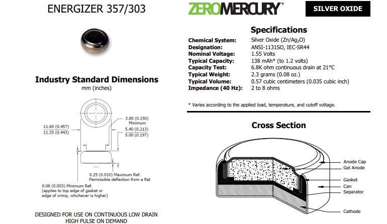 Оксид серебра SR44 (357/303 A76, AG13, V13GA, PX76A, L1154) 1.55V 138mAh Energizer SR44/ENE 7638900193114