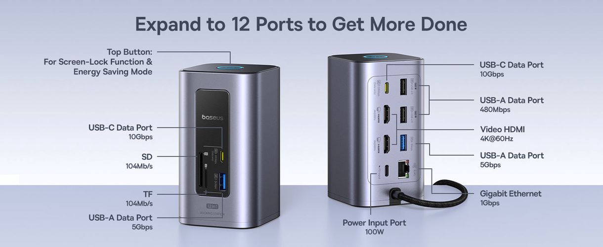 Docking Station 1in12 USB C plug - 2xHDMI RJ45 SD/TF USB3 NU1 Air Spacemate BASEUS B00568103813-00 6932172687137
