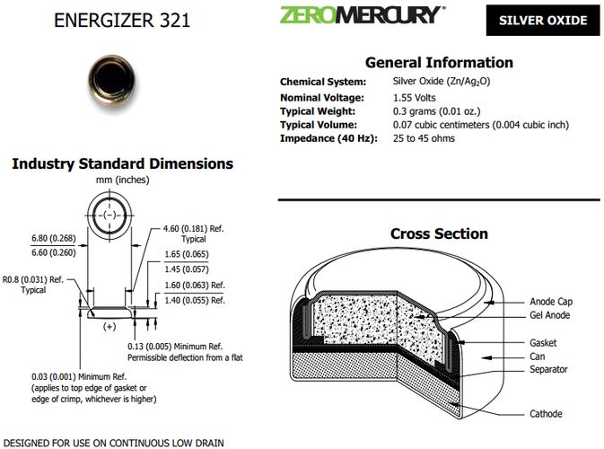 Батарейка оксида серебра 321 (SR65, D321, V321, GP321, SR616SW) 1.55V Energizer 321/ENE 7638900055108