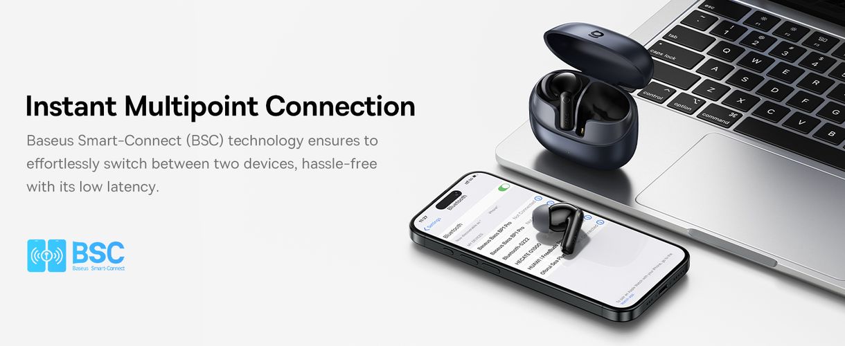 Belaidės Bluetooth 6.0 ausinės Bass BP1 Pro su triukšmo slopinimu ir įkrovimo dėklu, juodos A0010504 6932172694982