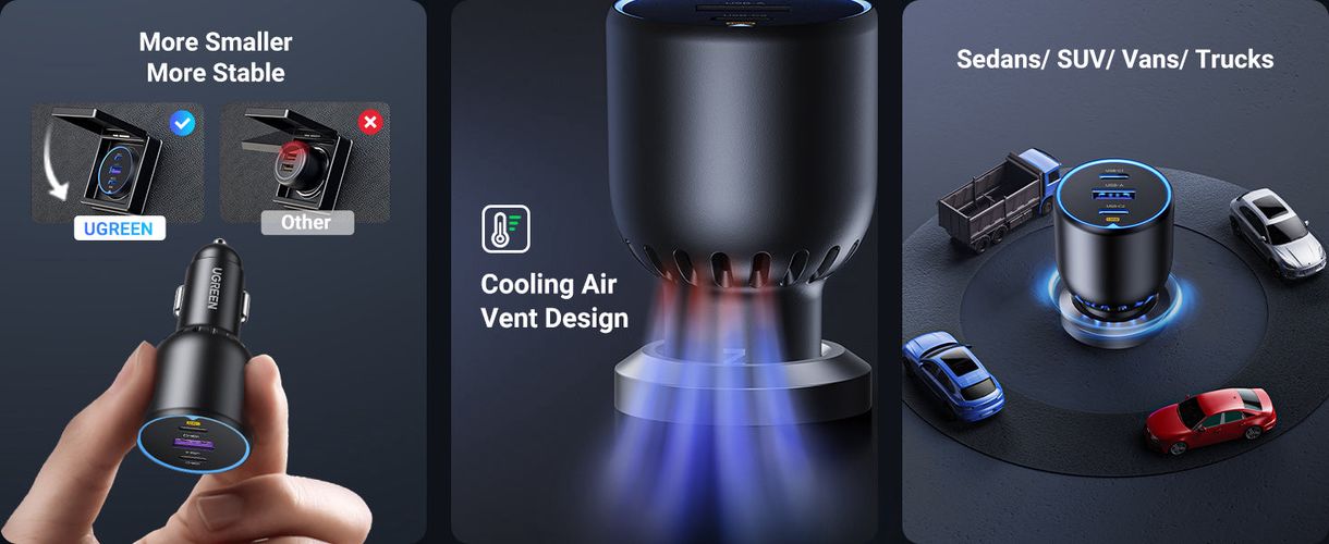 Car Quick Charger 130W 12-24V USB-A + 2xUSB-C QC3.0 PD3.0 with USB-C Cable 1m UGREEN/55511 6941876255115