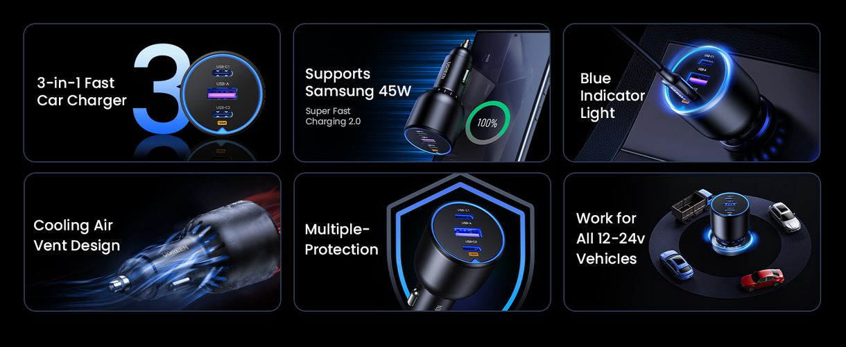 Auto kiirlaadija 130W 12-24V USB-A + 2xUSB-C QC3.0 PD3.0 UGREEN/35025 6941876230259