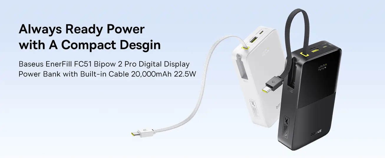 LiPo PowerBank 20000mAh 22.5W USB-A + USB-C со встроенным кабелем USB-C, Bipow2 Pro EnerFill черный BASEUS E0027701 6932172691899