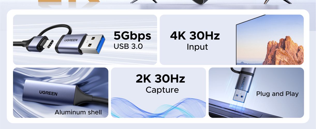 Vaizdo įrašymo adapteris 2K@30Hz HDMI -> USB-A/USB-C UGREEN/15389 6941876213894