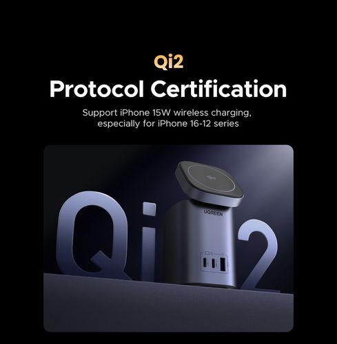 Galda lādētājs Nexode GaN 65W USB-A + 2xUSB-C ar bezvadu Qi2 uzlādi 15W UGREEN/55321 6941876253210