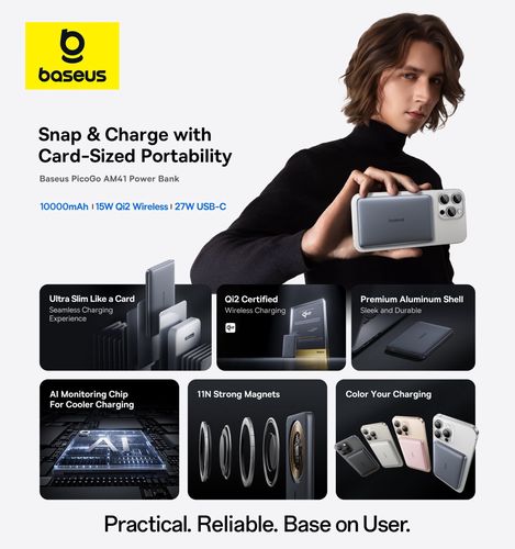 LiPo PowerBank 10000mAh 27W беспроводное QI2 зарядное устройство, с магнитом Magsafe Titanium Ultra-slim PicoGo AM41BASEUS E0027203 6932172691684