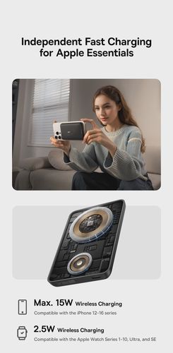 LiPo Išorinis akumuliatorius (PowerBank) 10000mAh 27W su bevieliu QI +  iWatch, magnetiniu laikikliu Magsafe juodas EnerFill FR11 BASEUS P1008210G123-00 6932172692667