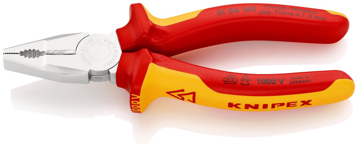 KNIPEX 01 06 160 Combination Pliers Chrome Vanadium insulated with multi-component grips, VDE-tested chrome-plated 160 mm 01 06 160 4003773040729