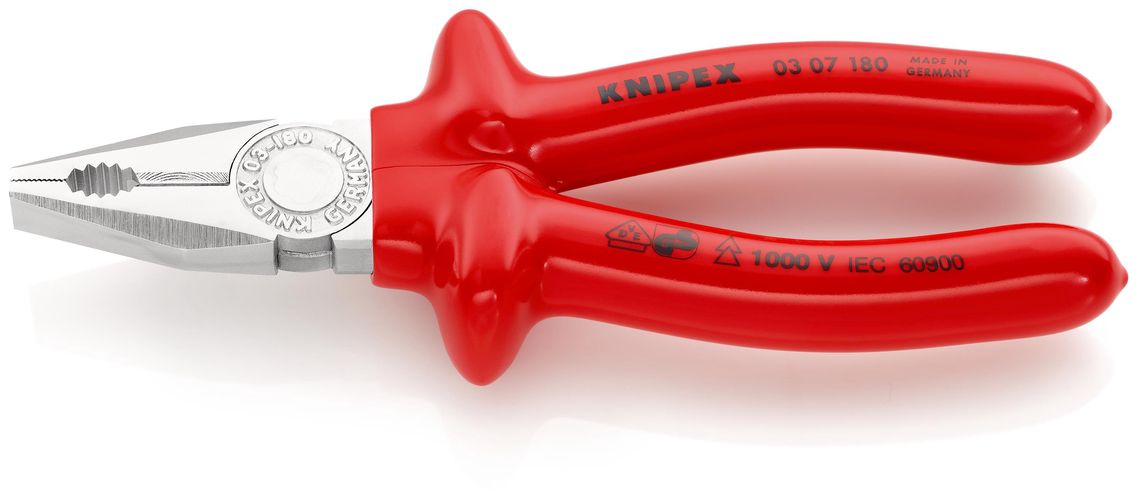 KNIPEX 03 07 180 Combination Pliers with dipped insulation, VDE-tested chrome-plated 180 mm 03 07 180 4003773015314