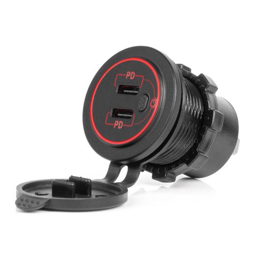 Waterproof Phone Charger with Switch RED LED Backlight 2xUSB C 12/24V AMIO-04224, AMiO 5903293042243