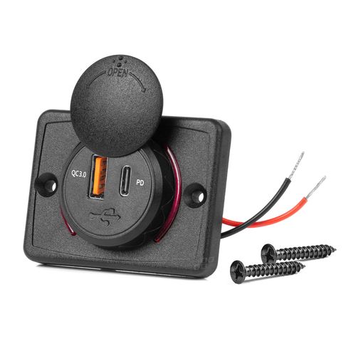 Square Shaped Waterproof Phone Charger with RED LED Backlight USB + USB C QC3.0 12/24V, AMiO 5903293042311