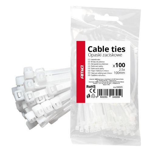 Clamping bands white 2.5×100mm 100 pcs. AMIO-04305, AMiO 5903293043059