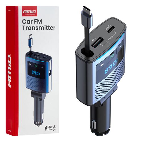 Car FM Transmitter 1×USB-A 1×USB-C 12V 24V AMIO-04656, AMiO 5903293046562