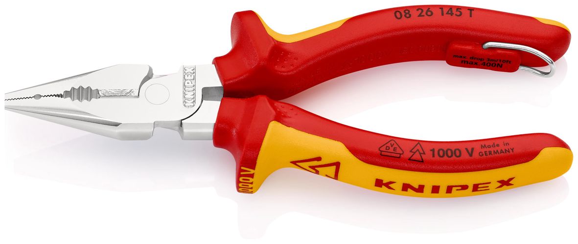 KNIPEX 08 26 145 T Needle-Nose Combination Pliers insulated with multi-component grips, VDE-tested with integrated insulated tether attachment point for a tool tether chrome-plated 145 mm 08 26 145 T 4003773081401