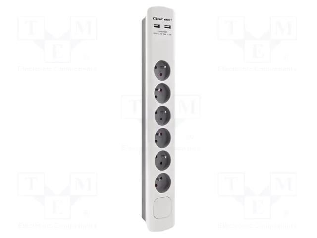 Plug socket strip: protective; Sockets: 6; 230VAC; 16A; white-grey QOLTEC QS-50294