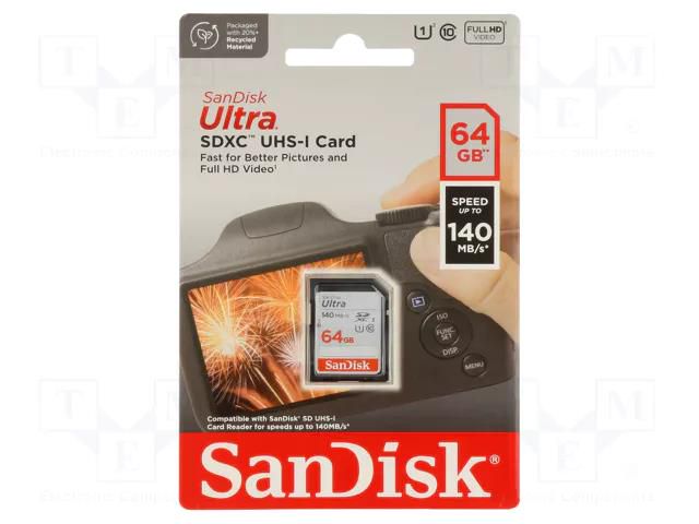 Memory card; Ultra; SDXC; R: 140MB/s; Class 10 UHS U1; 64GB SANDISK SDSDUNB-064G-GN6IN