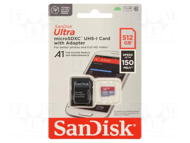 Memory card; Android; microSDXC; R: 150MB/s; Class 10 UHS U1 SANDISK SDSQUAC-512G-GN6MA