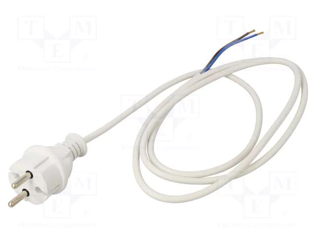 Cable; 2x1mm2; CEE 7/17 (C) plug,wires; PVC; 1.5m; white; 16A; 250V JONEX WJ-24-2/10/1.5WH